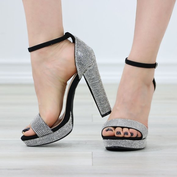Black And Silver Sparkly Rhinestone Platform High Heels - Picture 11 of 12